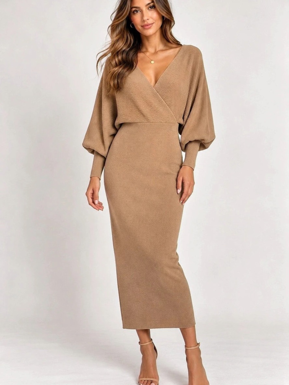 MABLE Camel Ribbed Knit Surplice Sweater Midi Dress Size Small